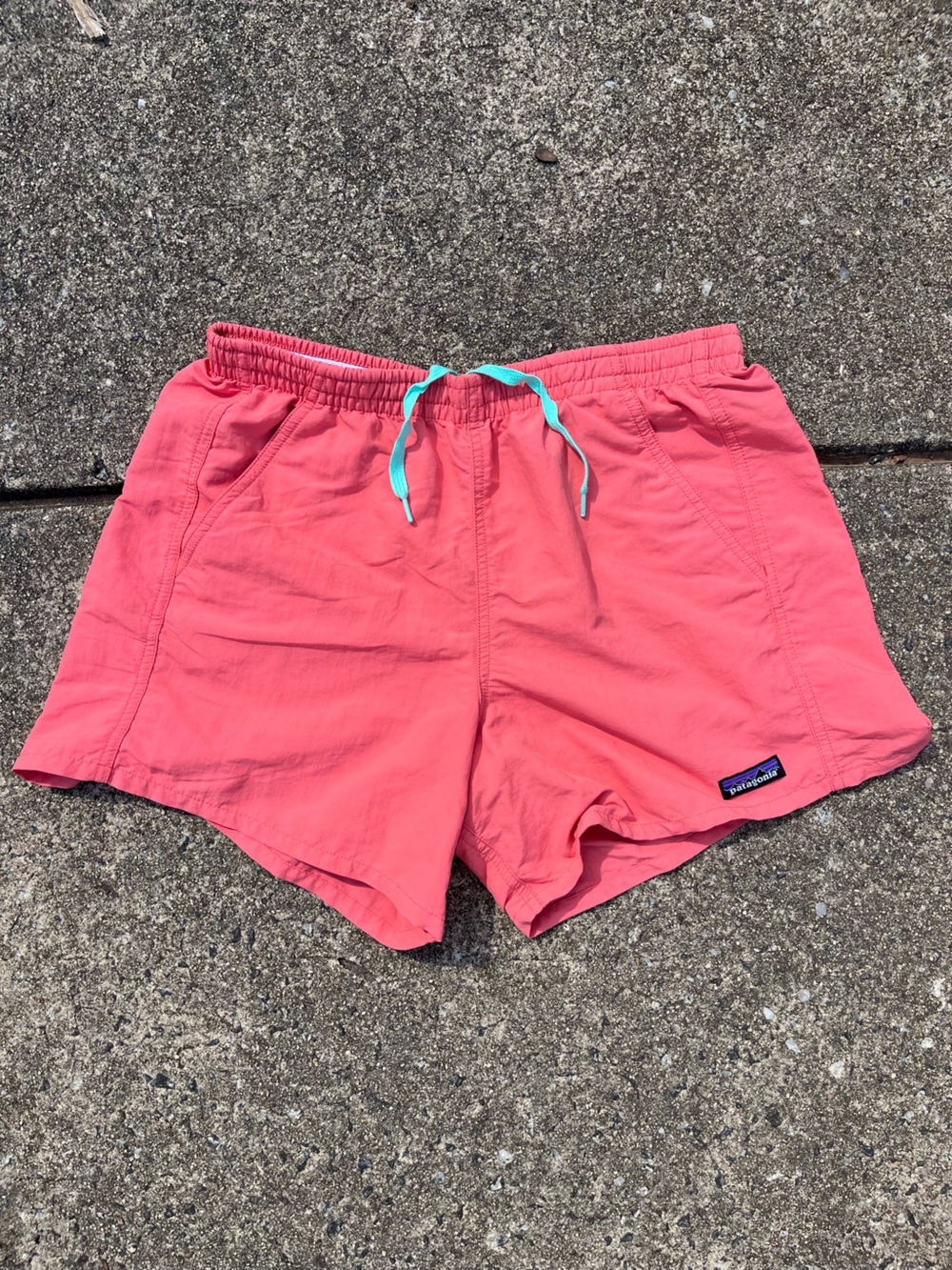 Patagonia Coral Pink Athletic Shorts with Teal Drawcord